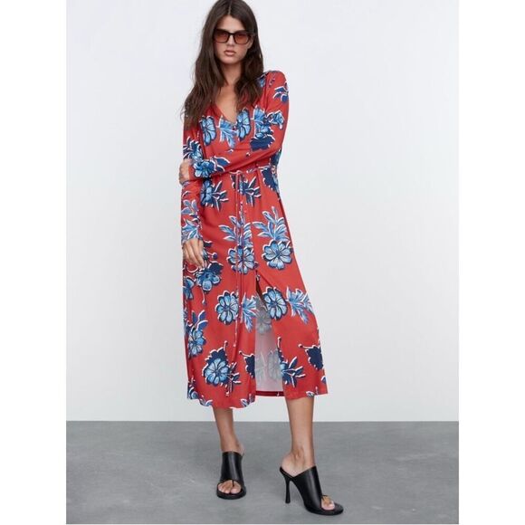 ZARA Plunge Tropical Floral Print Button Front Tie Waist Long Sleeve Midi Dress - Picture 1 of 14